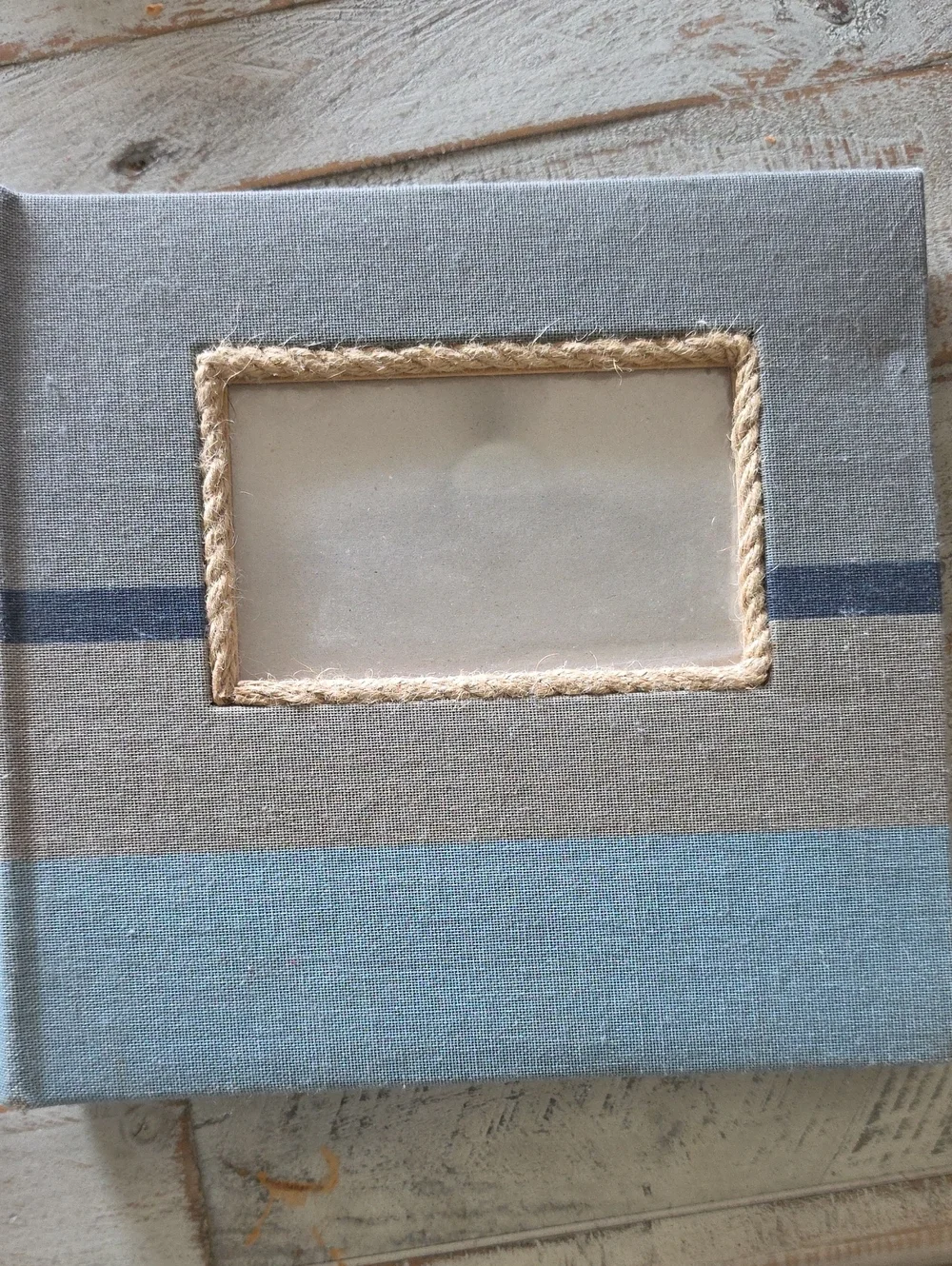 Striped Linen Photo Album in Blue and Gray with Rope Frame